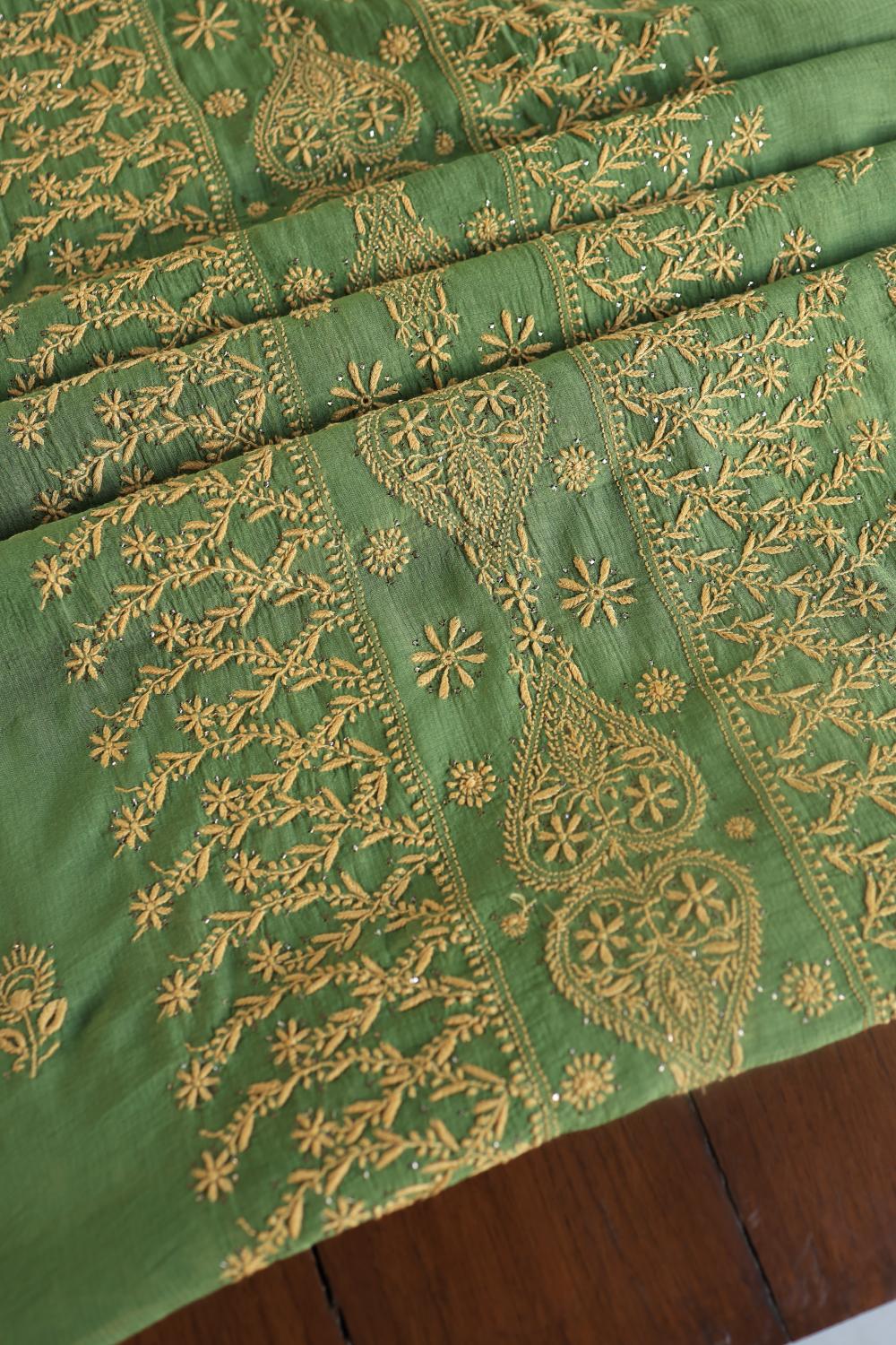Green Mul Cotton Fine Chikankari With Kamdani Work Unstitched Fabric