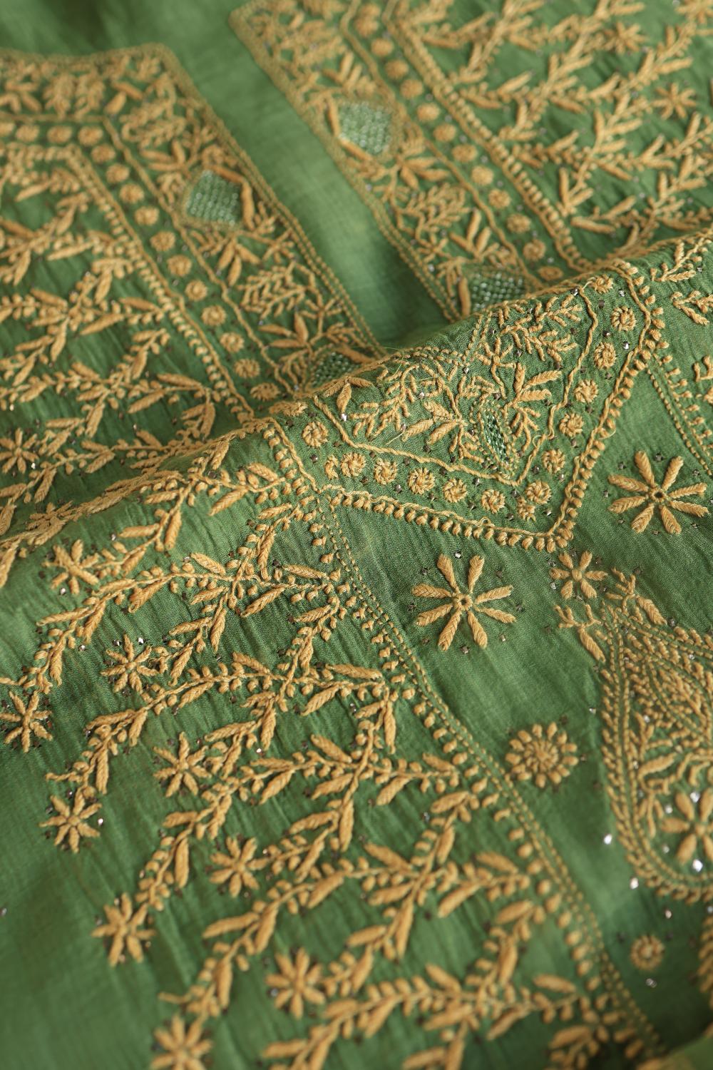 Green Mul Cotton Fine Chikankari With Kamdani Work Unstitched Fabric