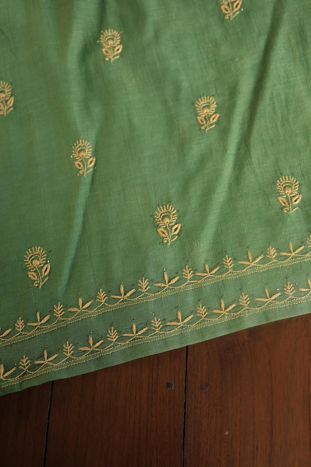 Green Mul Cotton Fine Chikankari With Kamdani Work Unstitched Fabric