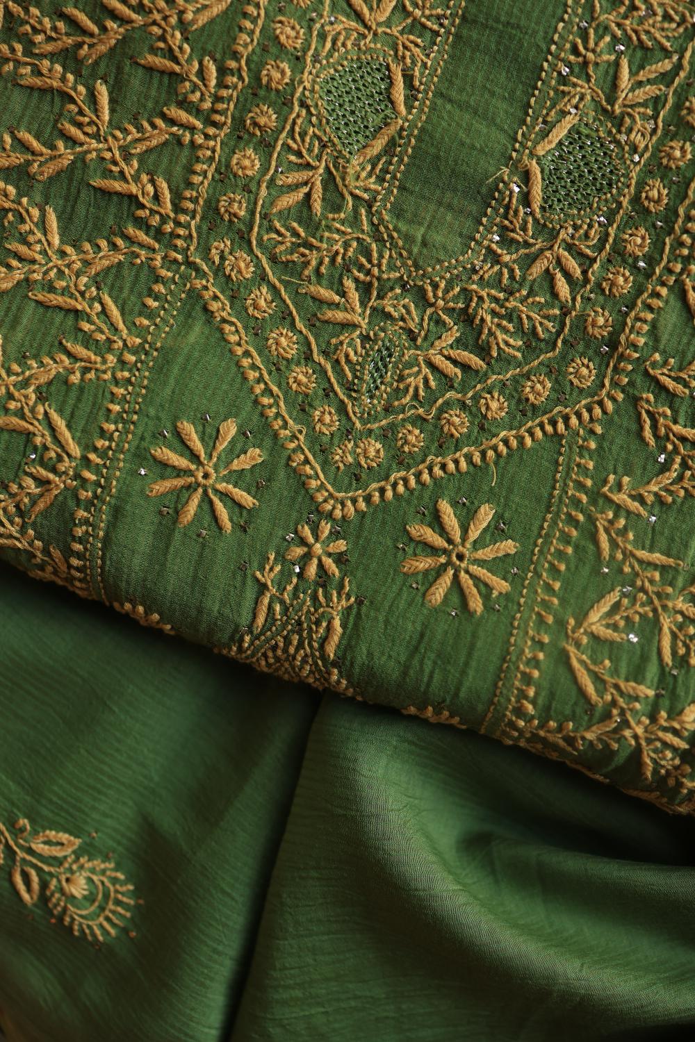 Green Mul Cotton Fine Chikankari With Kamdani Work Unstitched Fabric