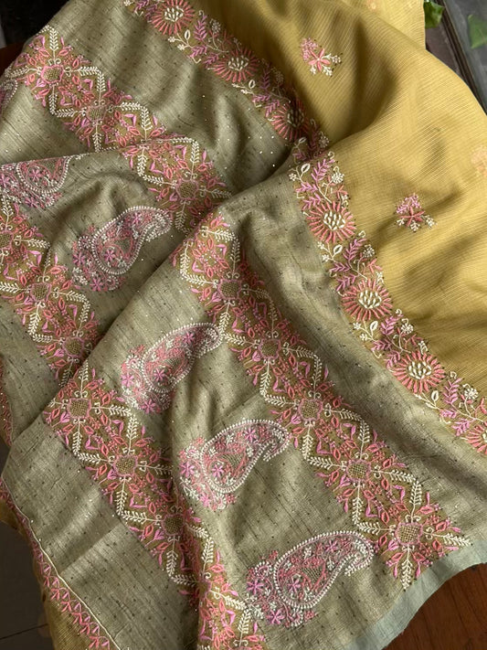 Mehndi Green Silk Gheecha Palla Kota Chikankari Saree With Mukaish Kamdani