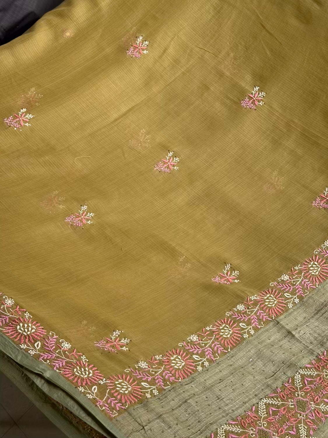 Green Silk Gheecha Palla Kota Chikankari Saree With Mukaish Kamdani