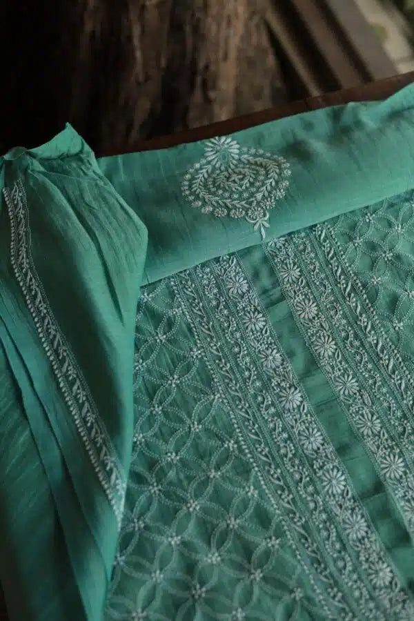 Green All Over Chikankari Malmal Unstitched Men's Kurtas Fabric