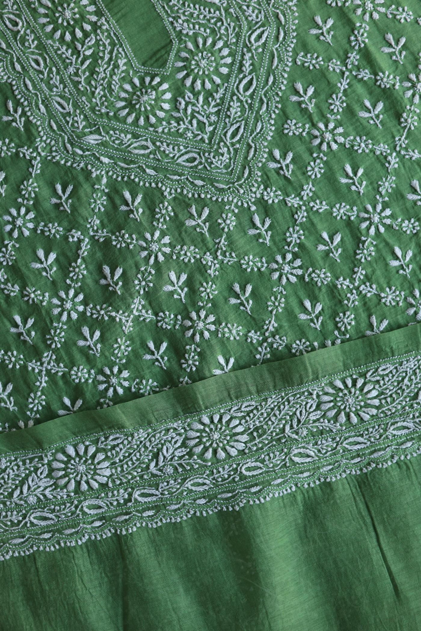 Green All Over Chikankari Malmal Unstitched Men's Kurtas Fabric