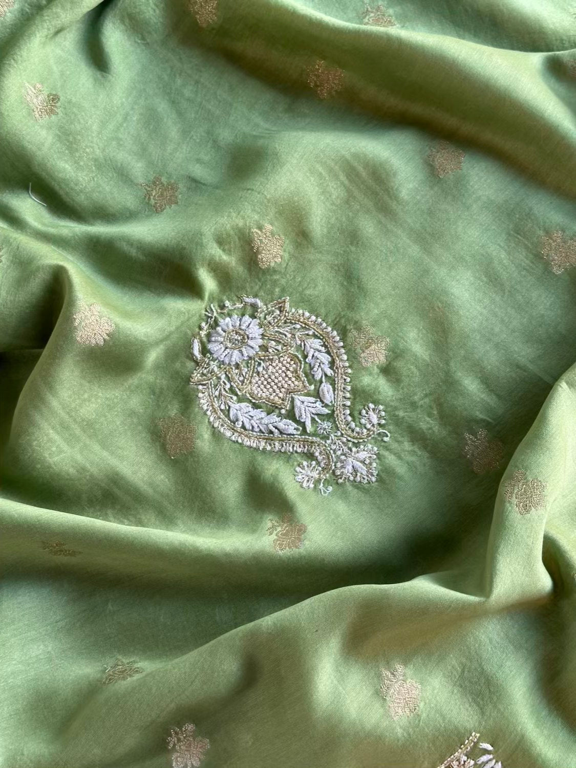 Green Banarasi Zari Chanderi Chikankari Unstitched Kurta Dupatta Fabric Set