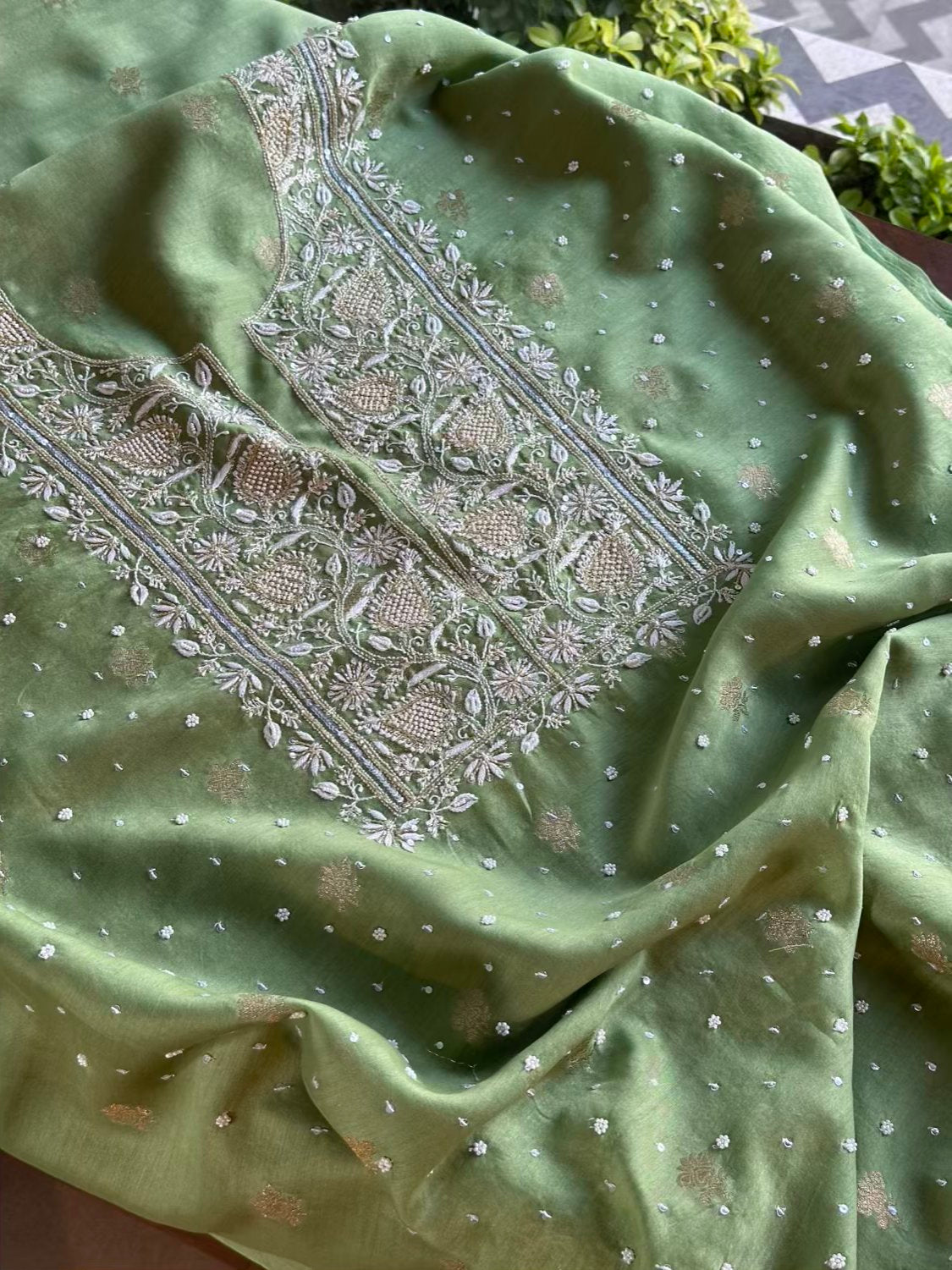Green Banarasi Zari Chanderi Chikankari Unstitched Kurta Dupatta Fabric Set