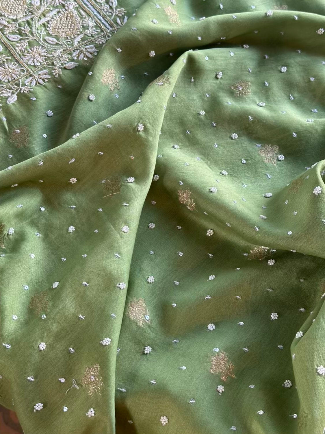 Green Banarasi Zari Chanderi Chikankari Unstitched Kurta Dupatta Fabric Set