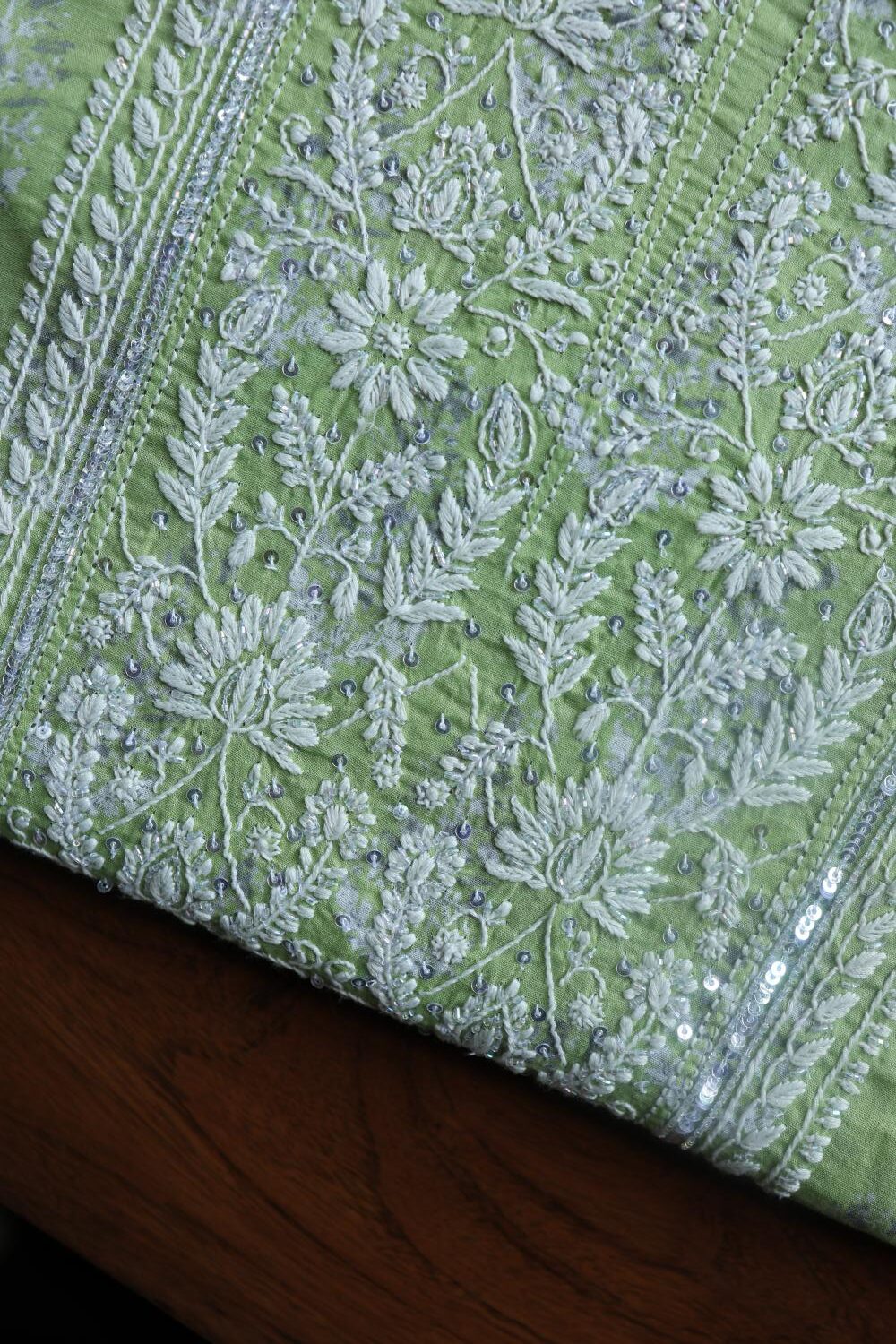 Green Cotton Chikankari Unstitched Kurta Fabrics