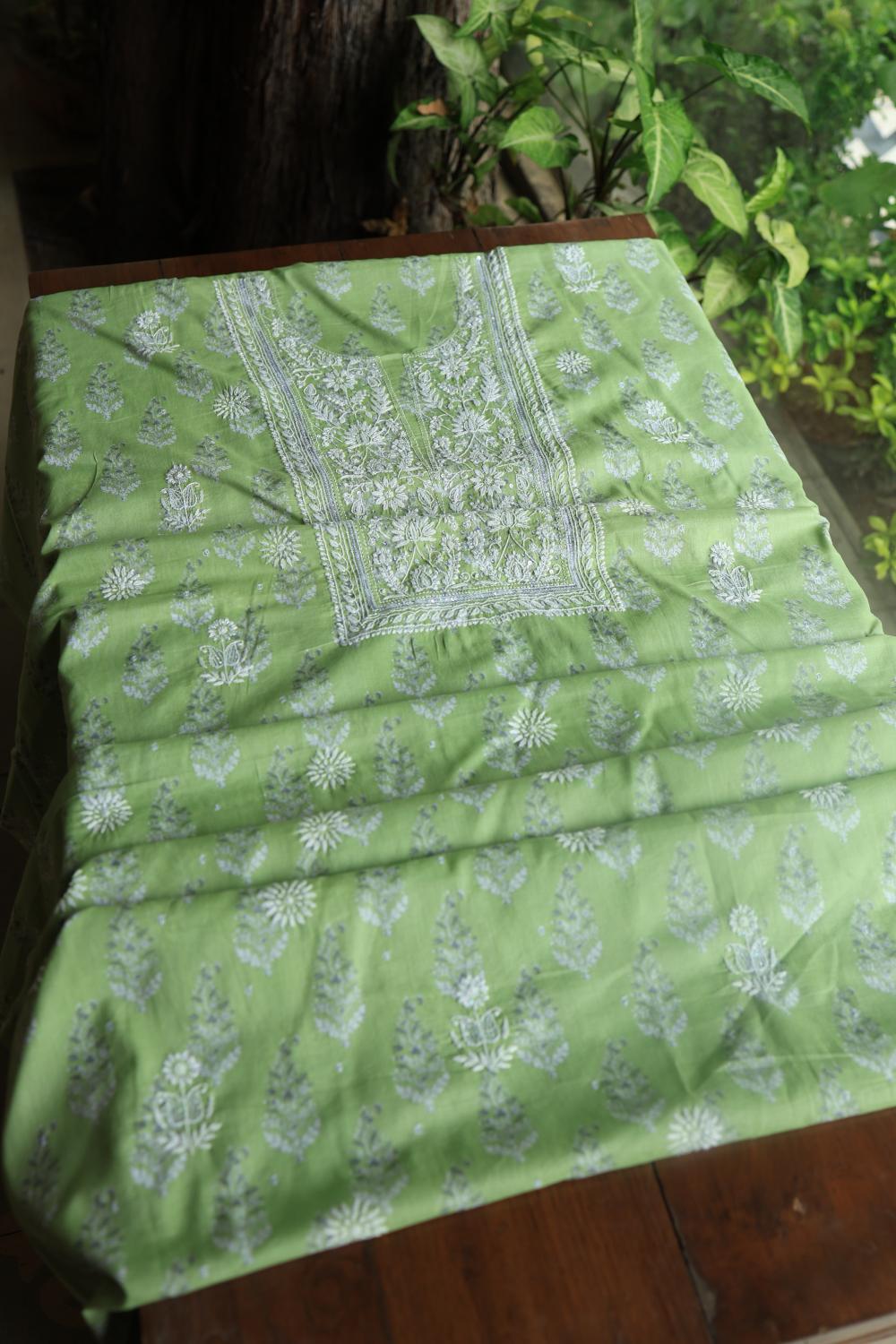 Green Cotton Chikankari Unstitched Kurta Fabrics