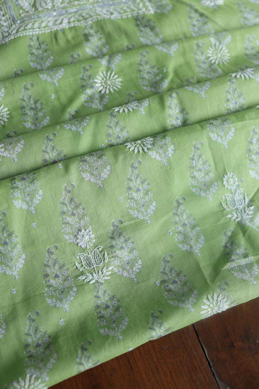 Green Cotton Chikankari Unstitched Kurta Fabrics