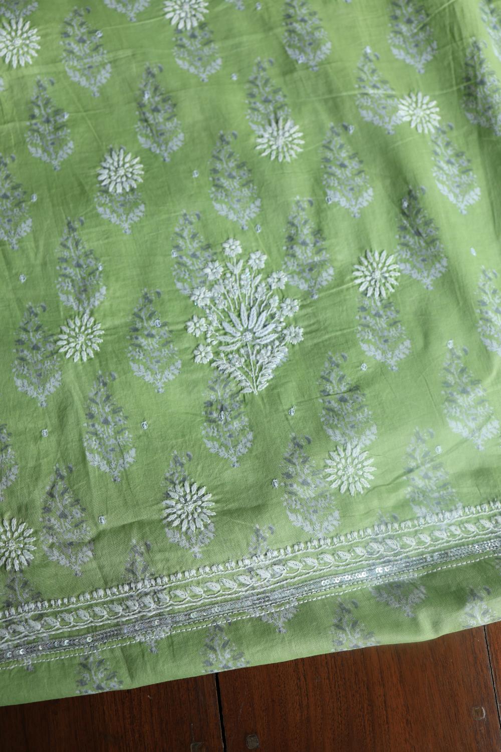 Green Cotton Chikankari Unstitched Kurta Fabrics