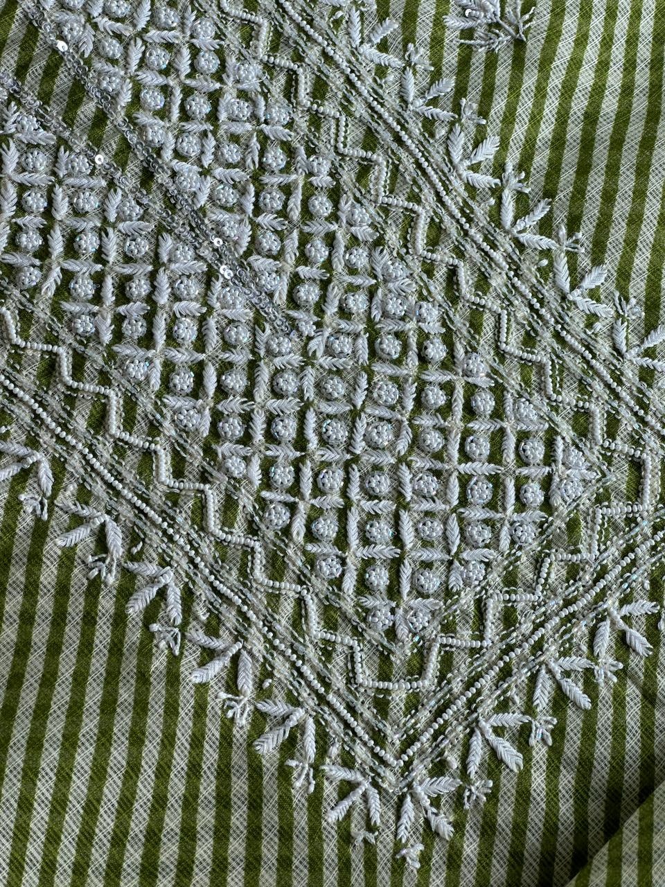 Green Kota Lehriya Print Chikankari Unstitched Women's Kurta Fabric