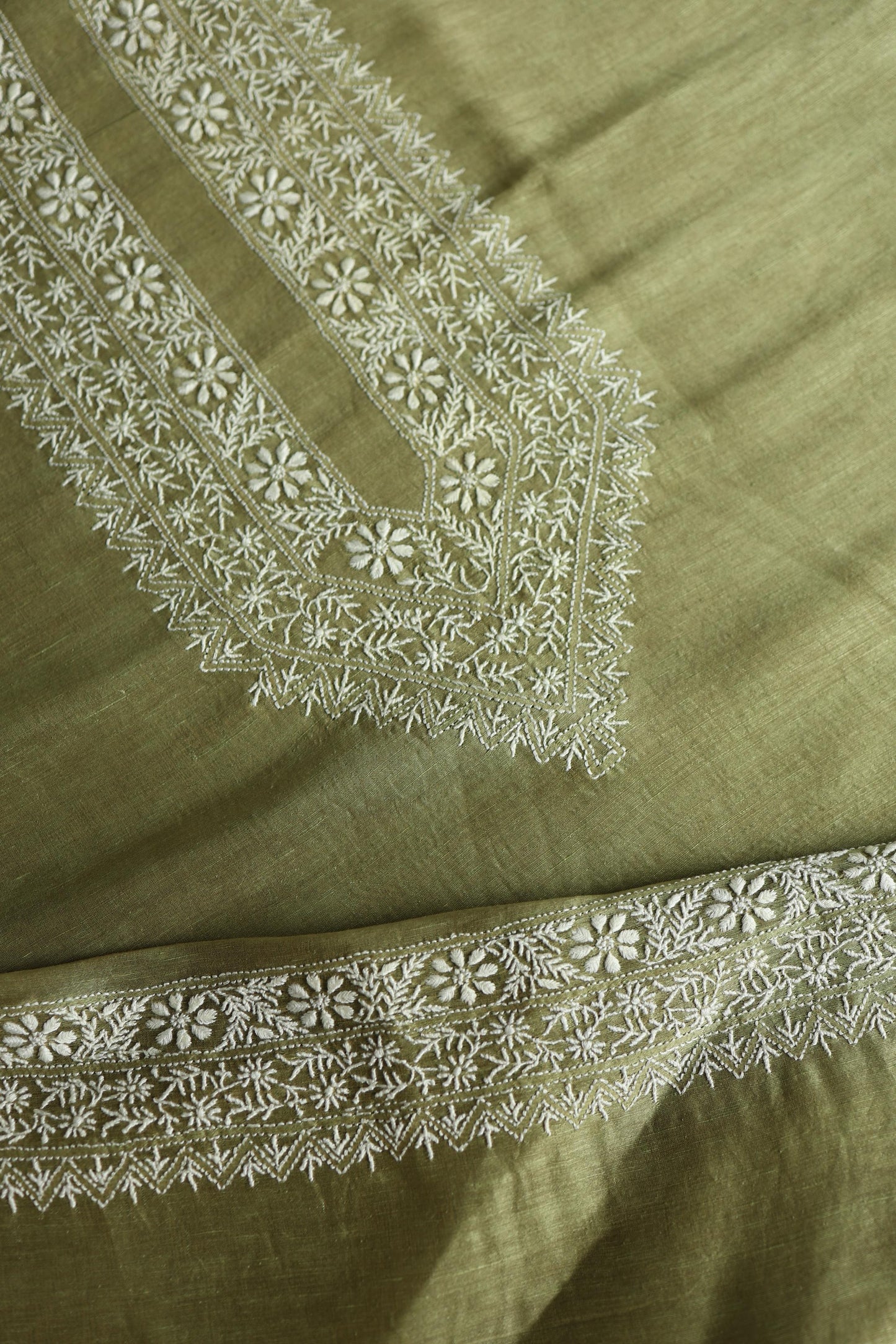Green Linen Chikankari Unstitched Men's Kurta Fabric