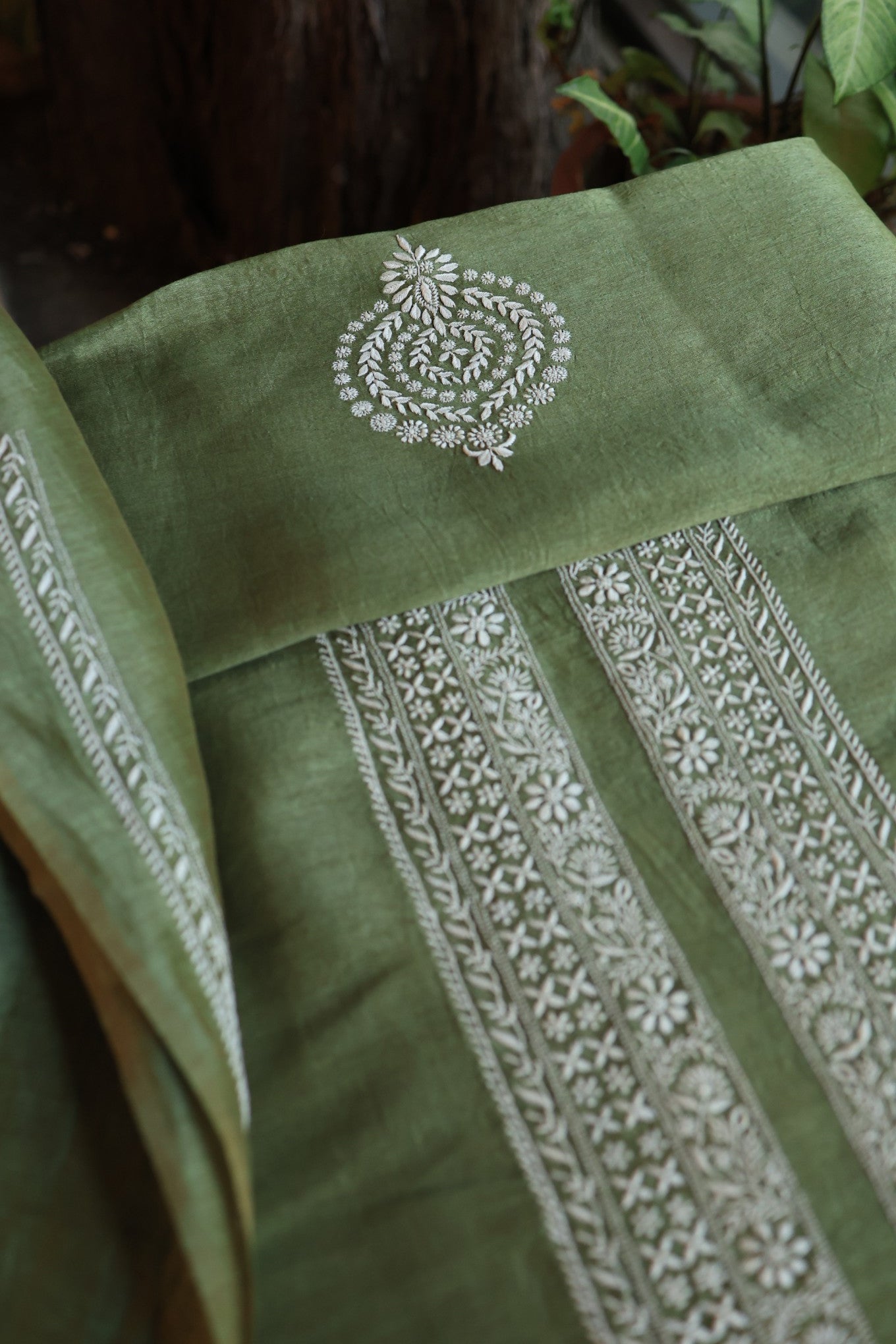 Green Linen Chikankari Unstitched Men's Kurtas Fabric