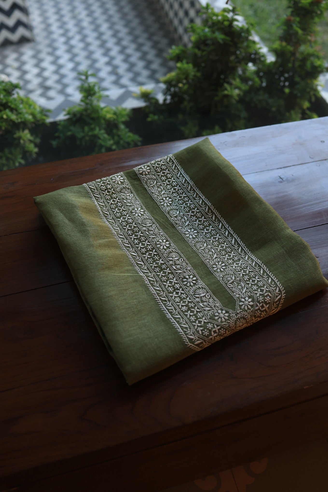 Green Linen Chikankari Unstitched Men's Kurtas Fabric