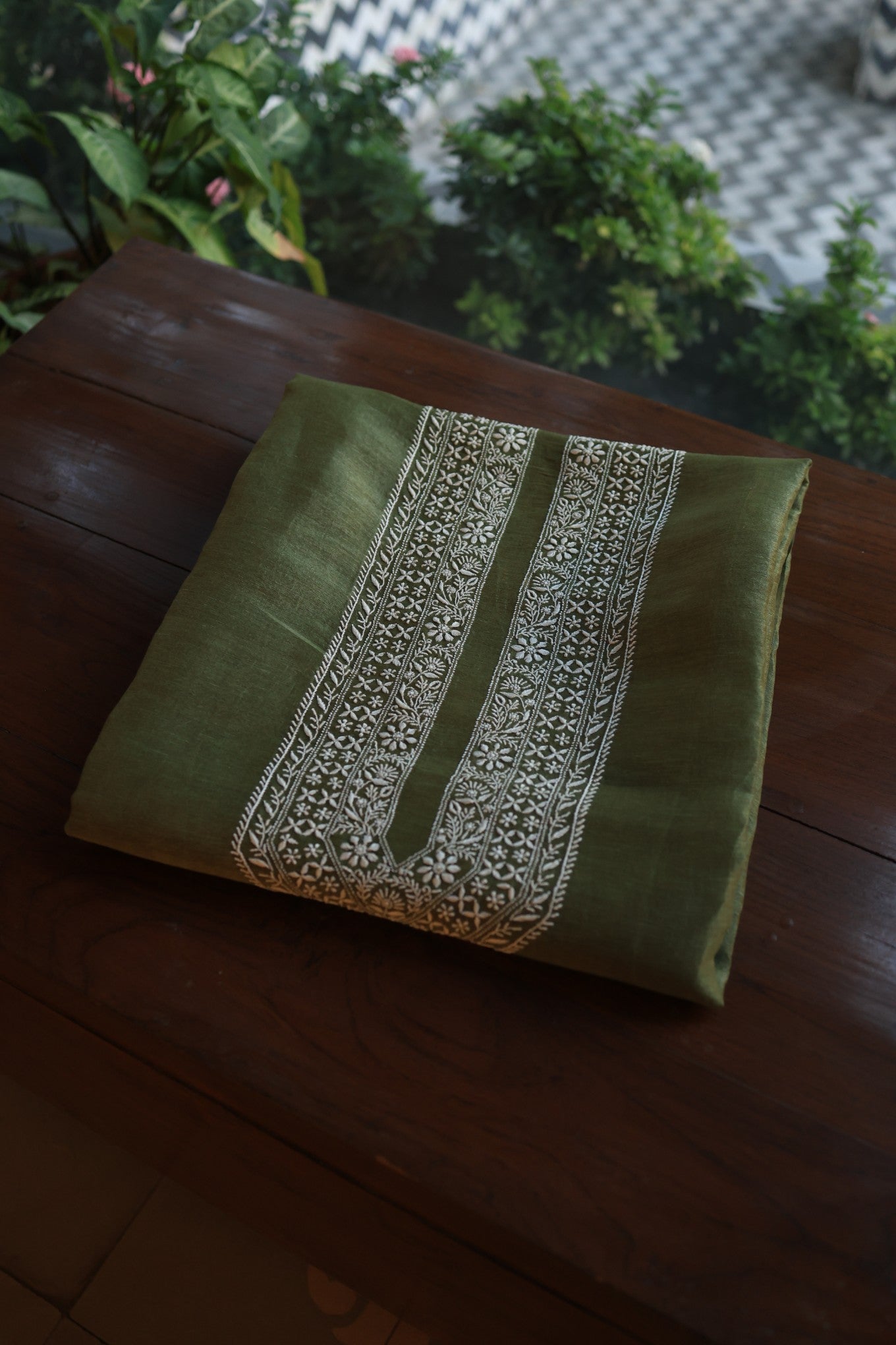 Green Linen Chikankari Unstitched Men's Kurtas Fabric