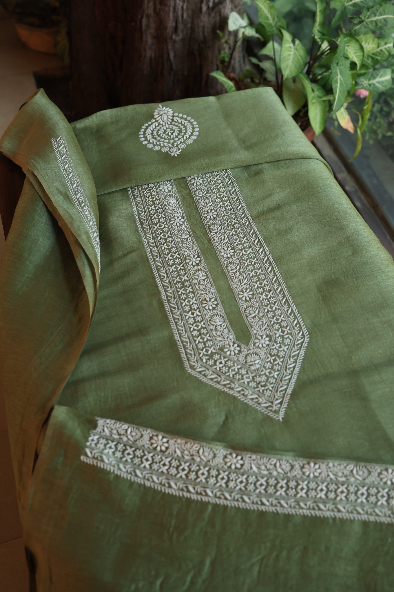 Green Linen Chikankari Unstitched Men's Kurtas Fabric