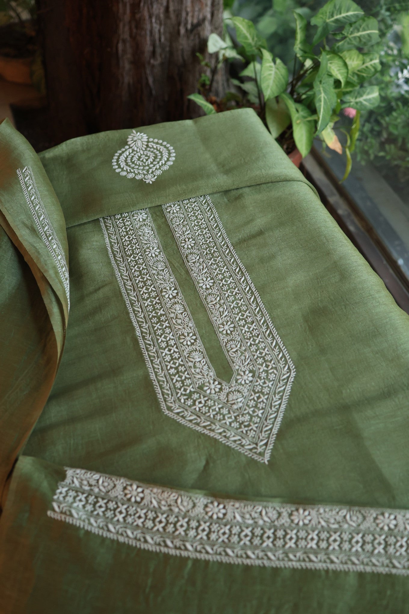 Green Linen Chikankari Unstitched Men's Kurtas Fabric