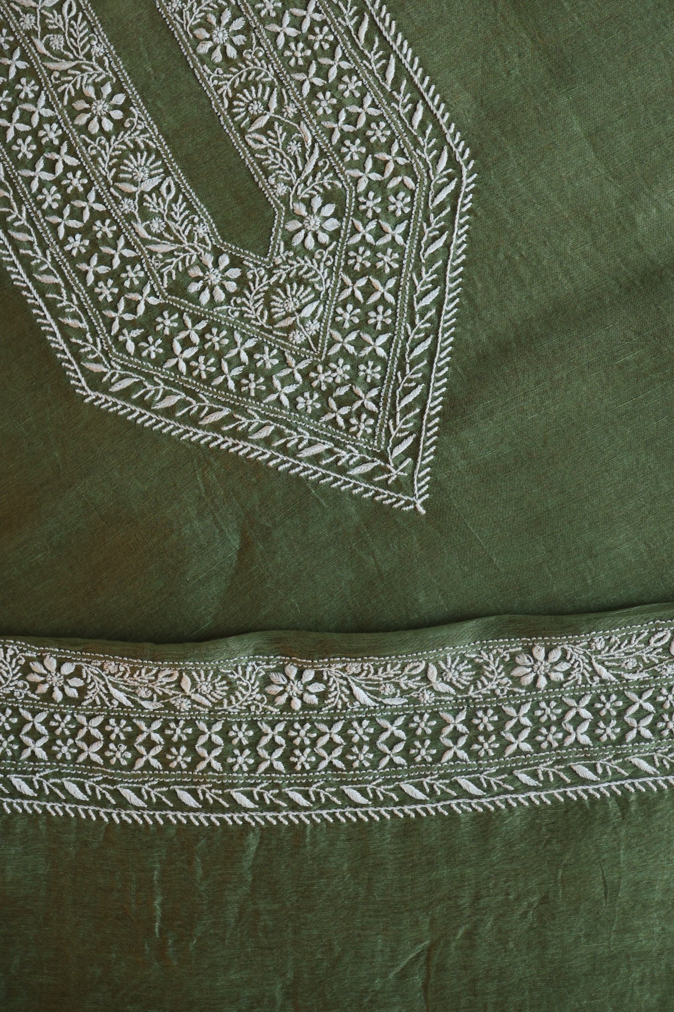 Green Linen Chikankari Unstitched Men's Kurtas Fabric