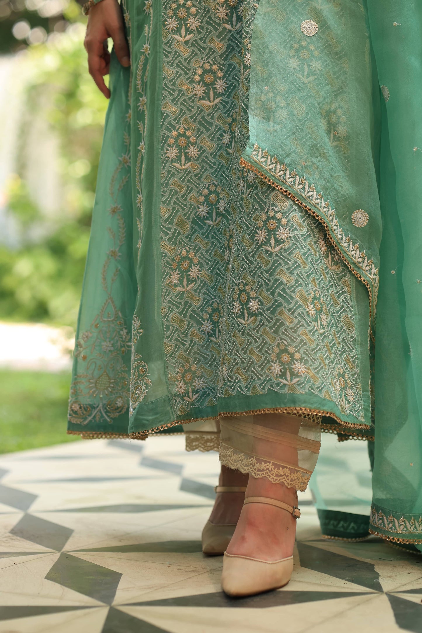 Green & Blue Noor Organza Chikankari Anarkali Kurta With Dupatta