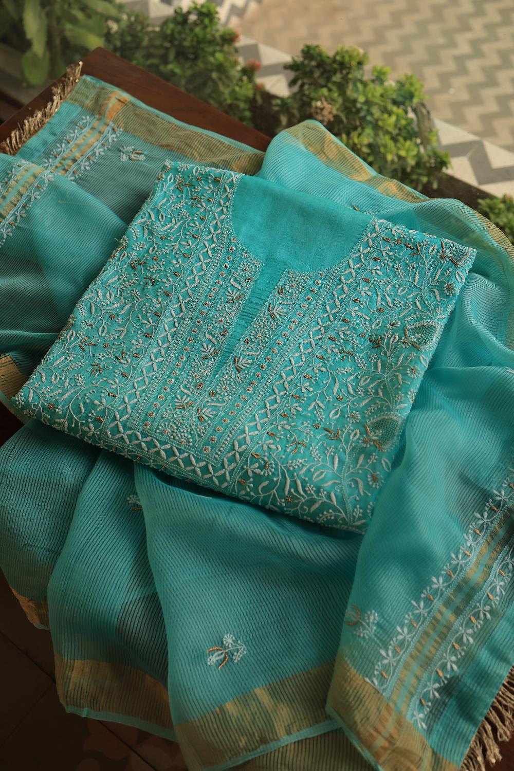 Green Paper Tussar Resham Chikankari Unstitched Kurta Dupatta Set