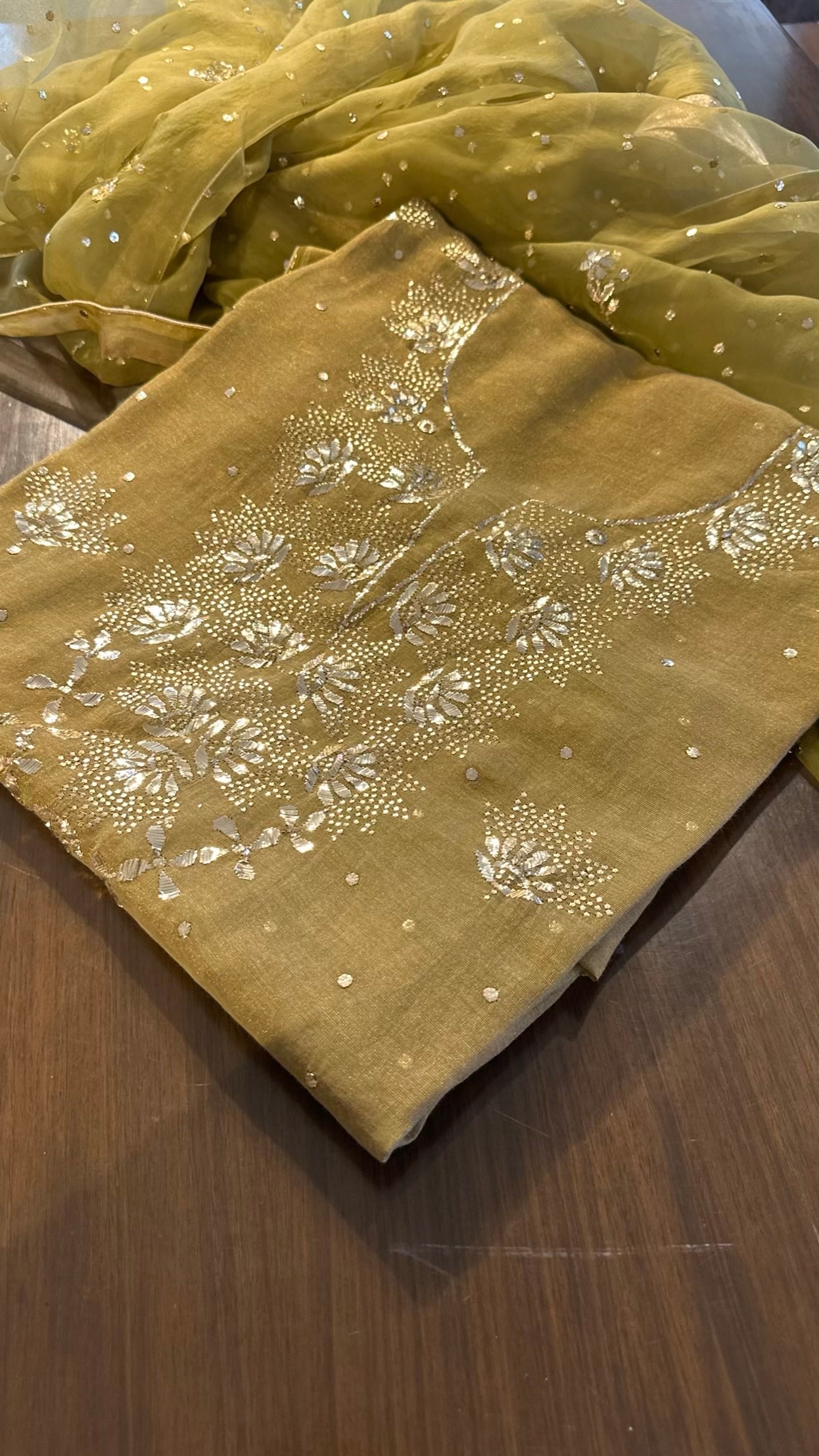 Green Roheen Tissue Silk Mukaish Badla Fabric