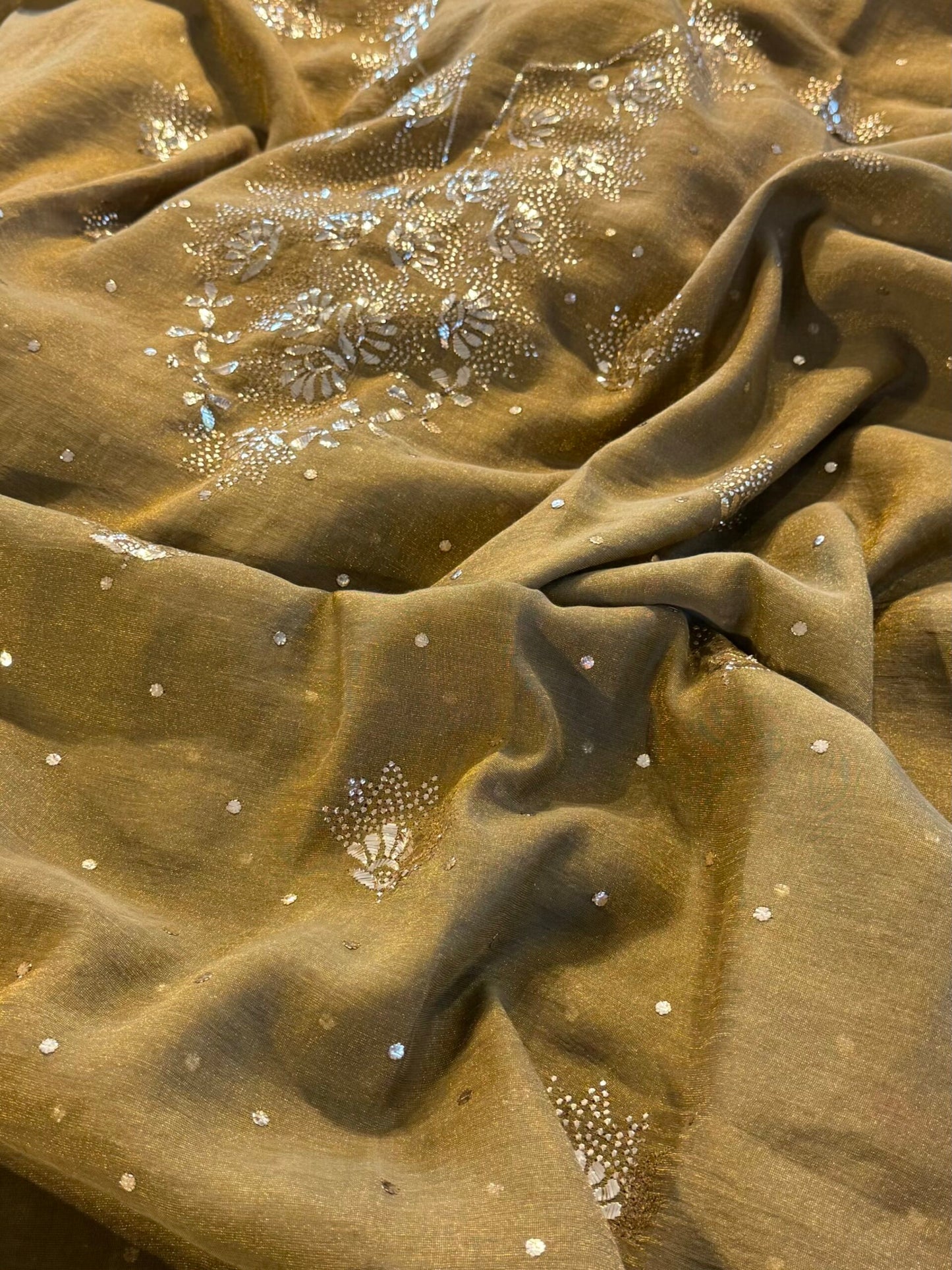 Green Roheen Tissue Silk Mukaish Badla Fabric
