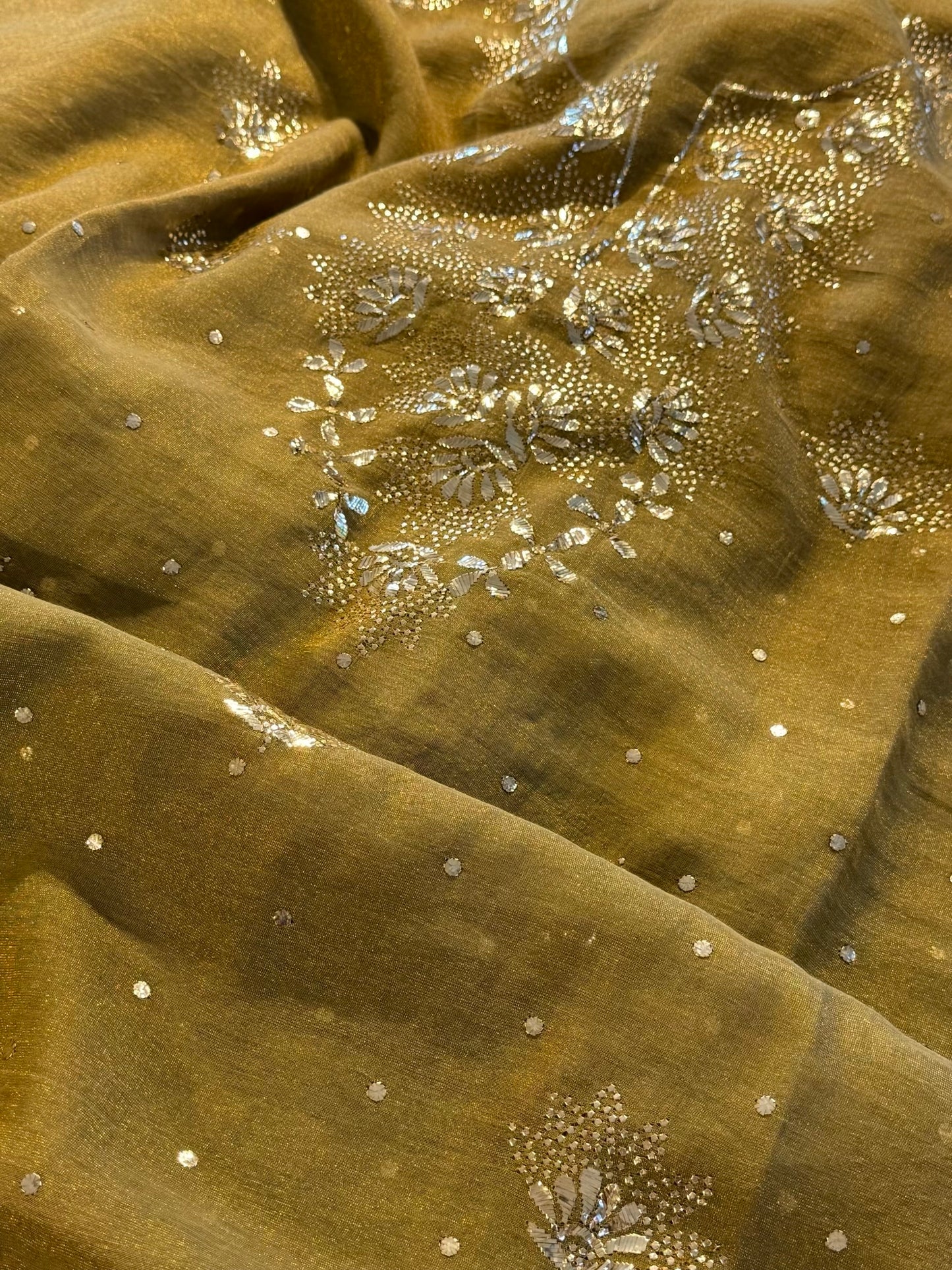 Green Roheen Tissue Silk Mukaish Badla Fabric