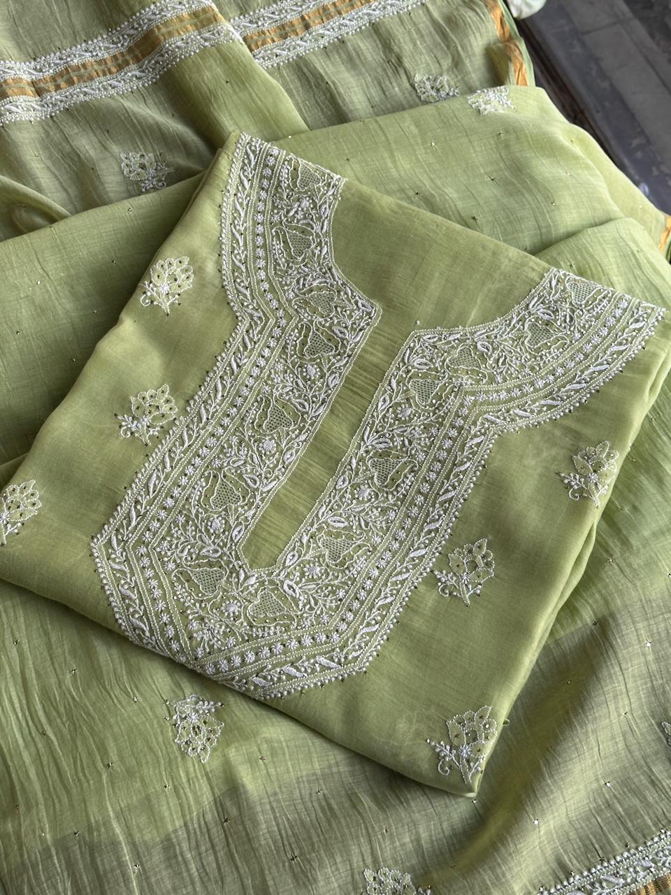 Green Shade Mal Cotton Fine Chikankari Unstitched Fabric