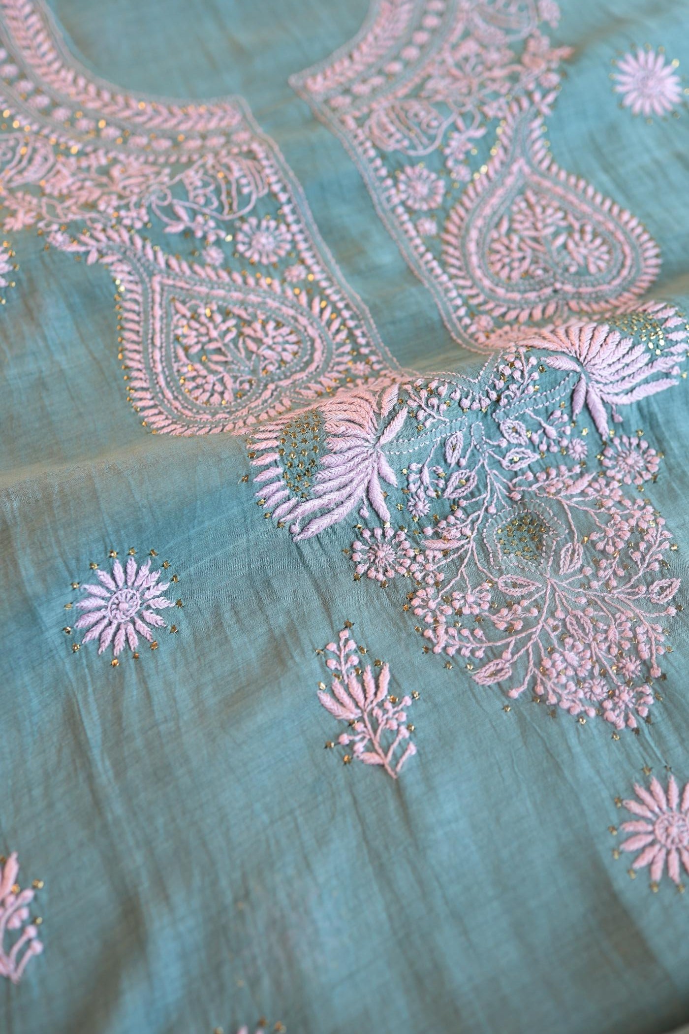 Green & Pink Mal Cotton Chikankari Unstitched Kurta Dupatta Fabrics With Kamdani
