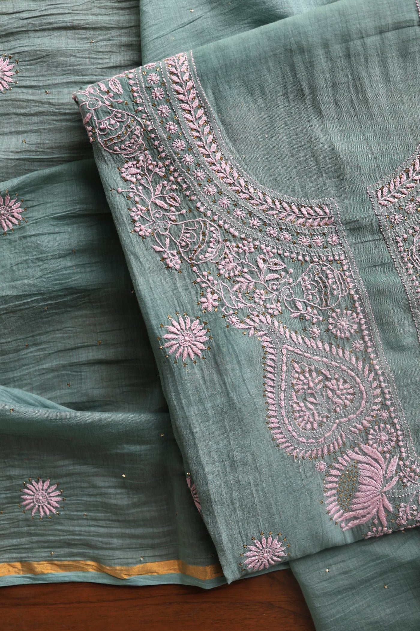 Green & Pink Mal Cotton Chikankari Unstitched Kurta Dupatta Fabrics With Kamdani