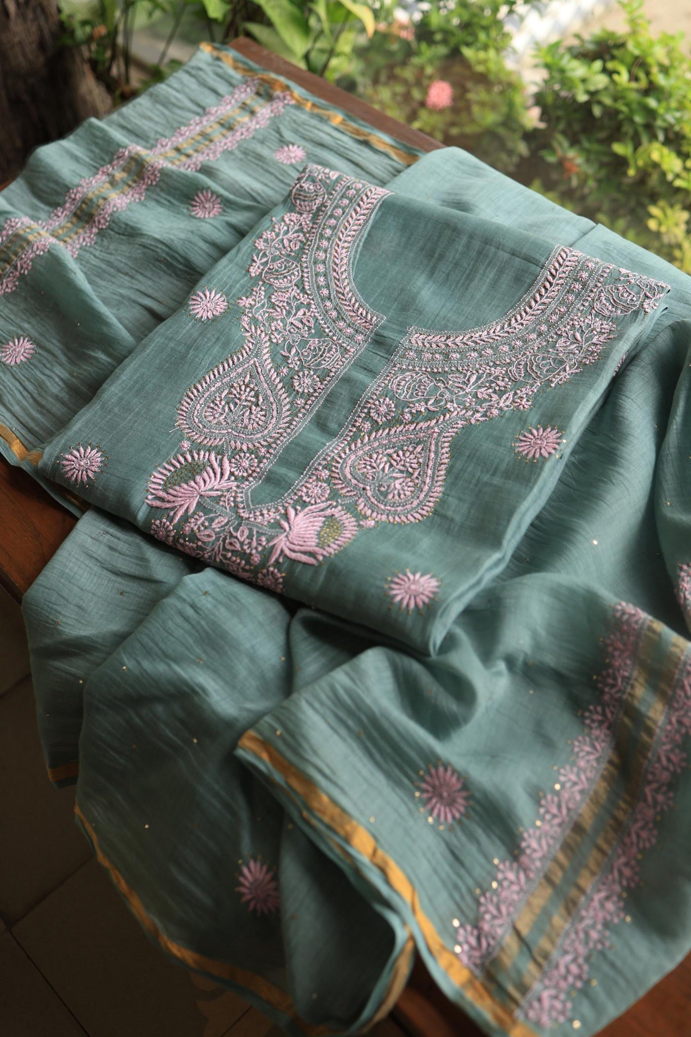 Green & Pink Mal Cotton Chikankari Unstitched Kurta Dupatta Fabrics With Kamdani
