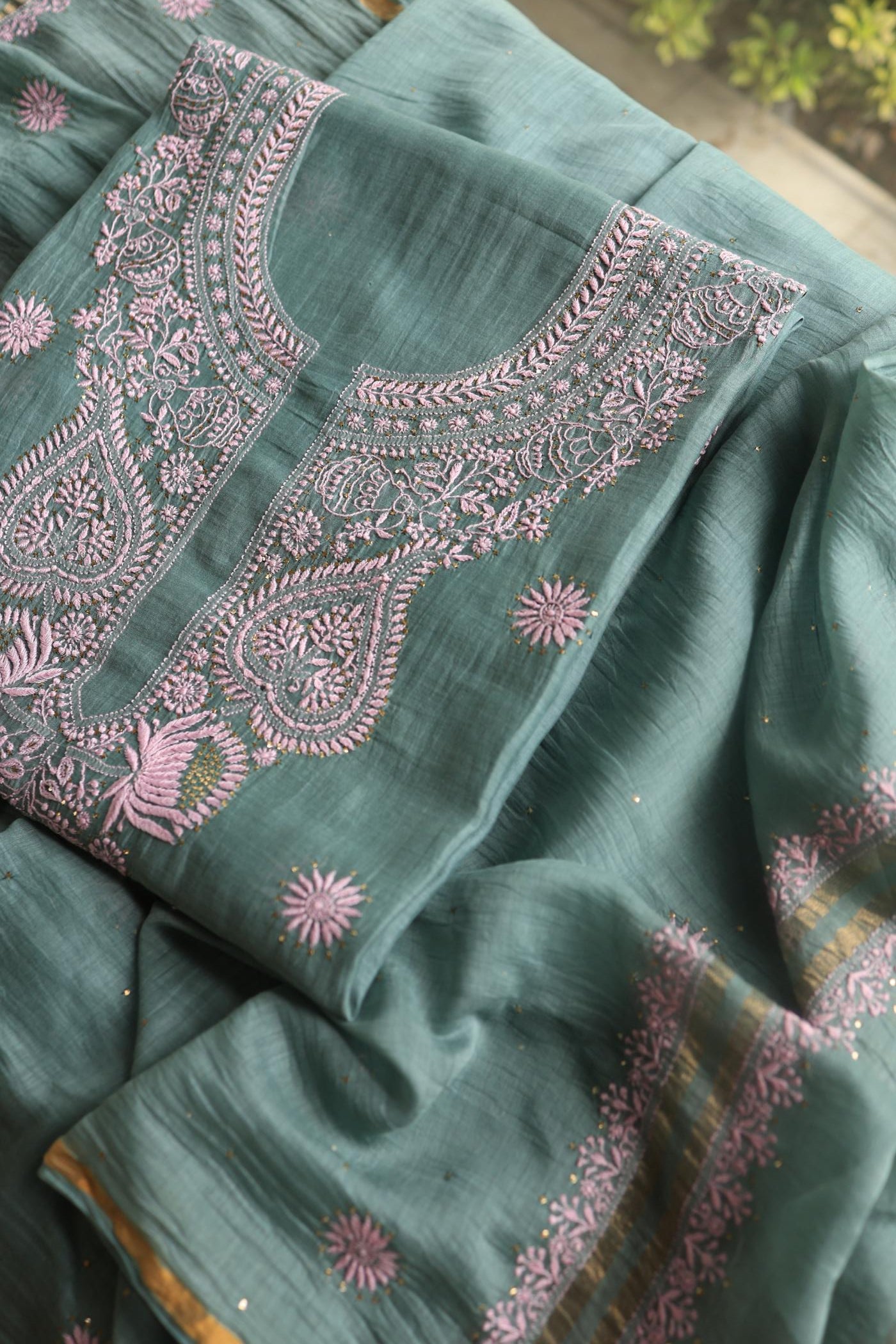 Green & Pink Mal Cotton Chikankari Unstitched Kurta Dupatta Fabrics With Kamdani