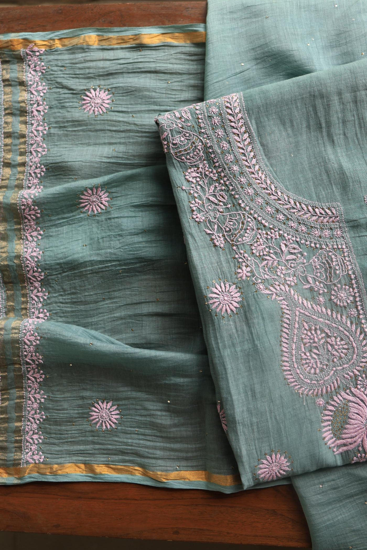 Green & Pink Mal Cotton Chikankari Unstitched Kurta Dupatta Fabrics With Kamdani