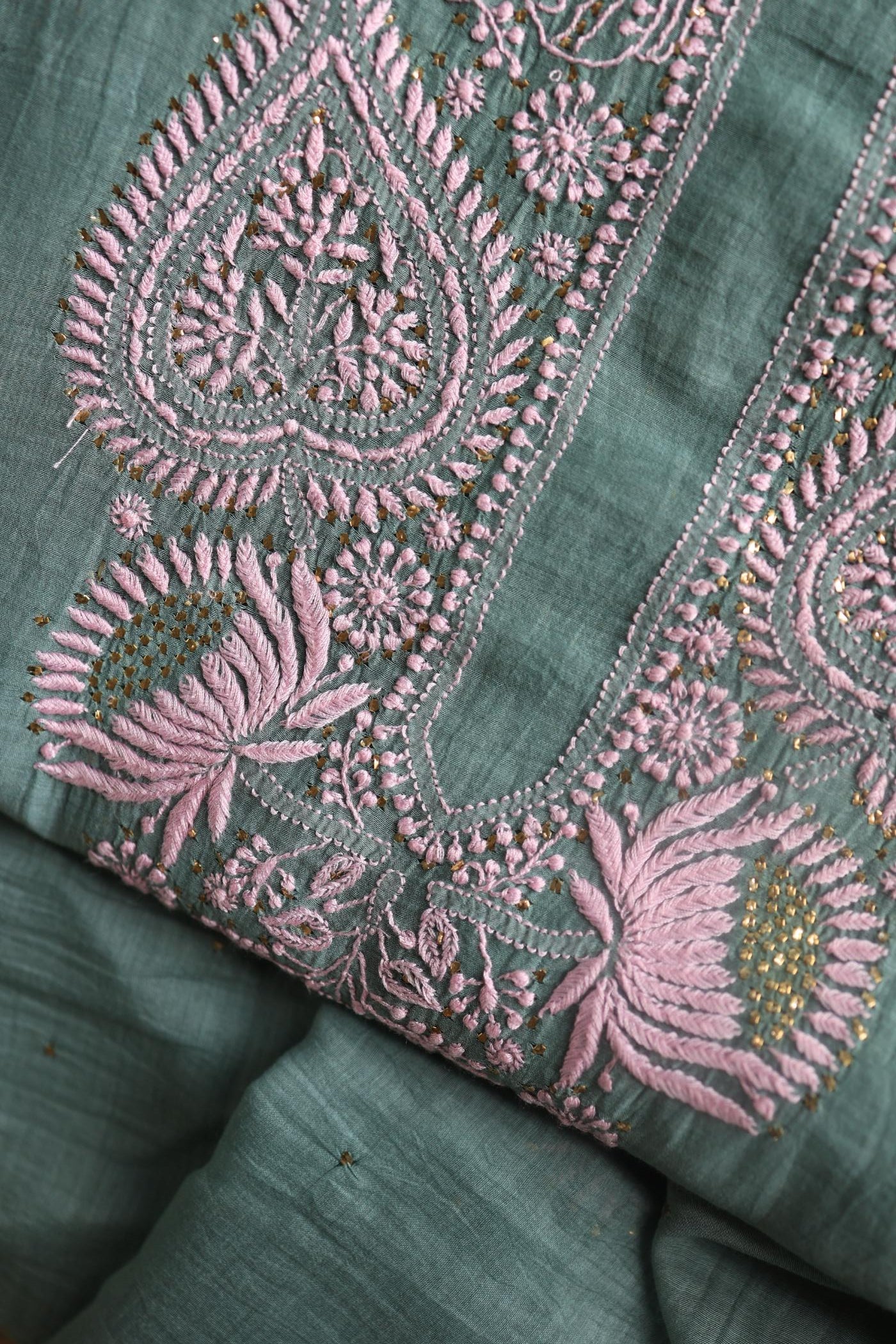 Green & Pink Mal Cotton Chikankari Unstitched Kurta Dupatta Fabrics With Kamdani