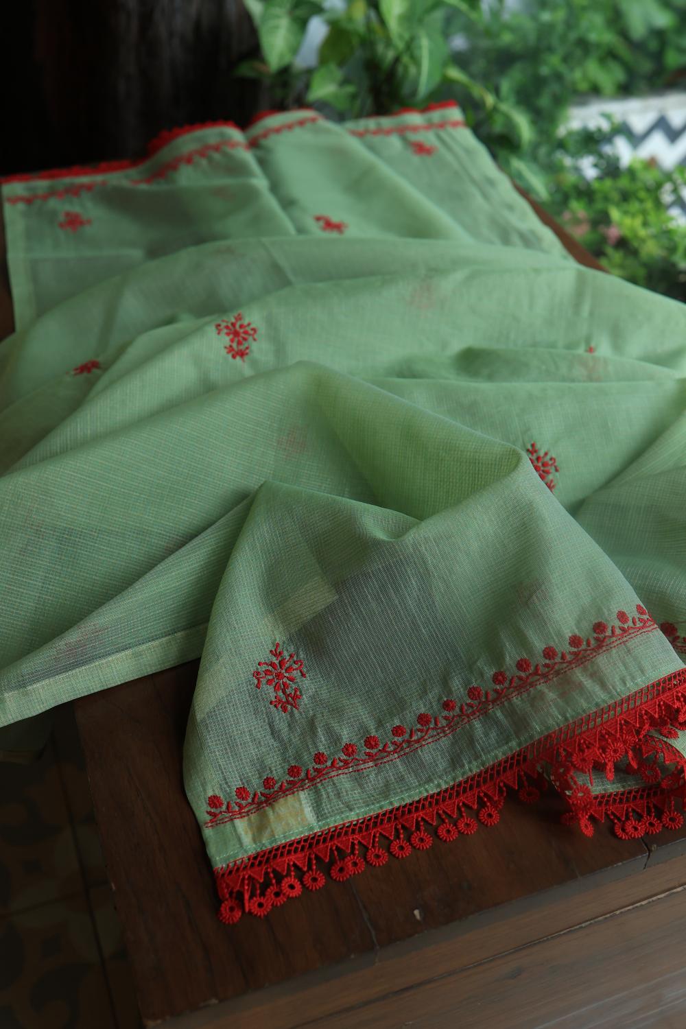 Green & Red Kota Chikankari Unstitched Fabric