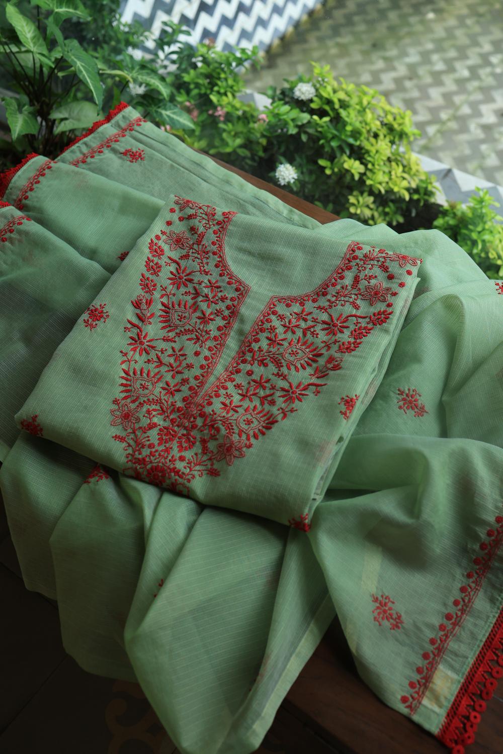 Green & Red Kota Chikankari Unstitched Fabric