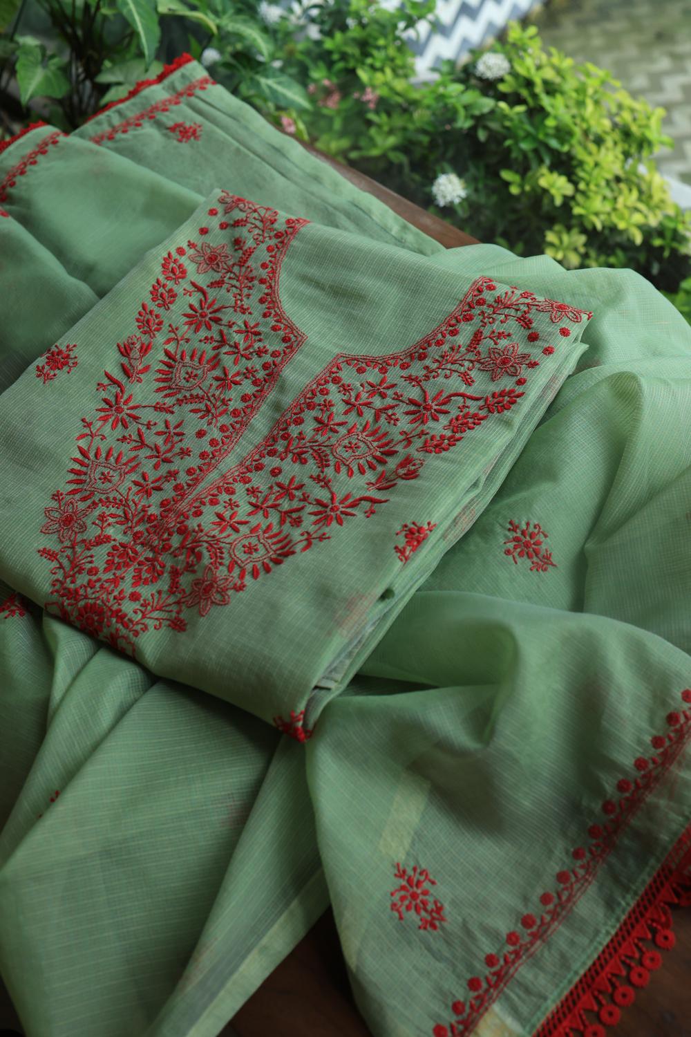 Green & Red Kota Chikankari Unstitched Fabric