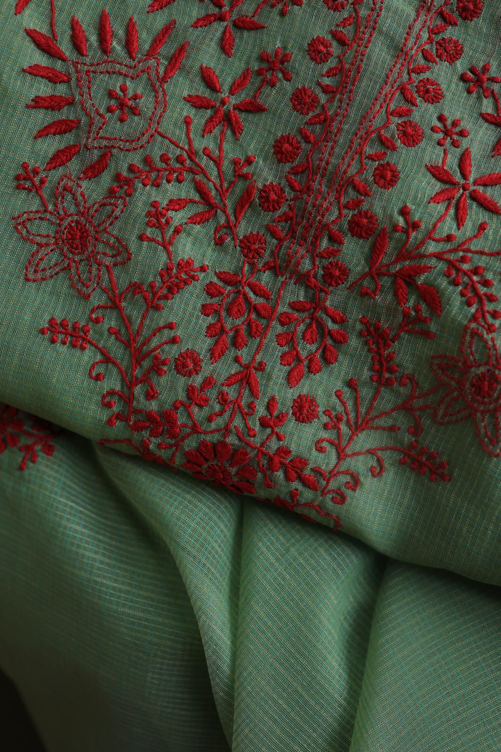 Green & Red Kota Chikankari Unstitched Fabric