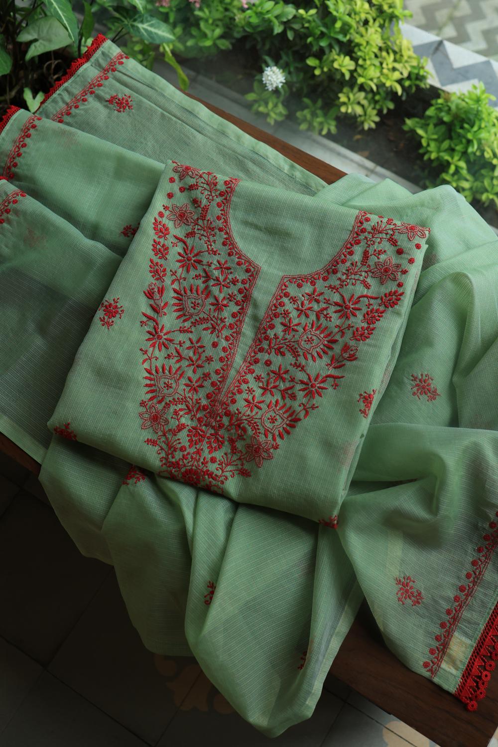 Green & Red Kota Chikankari Unstitched Fabric