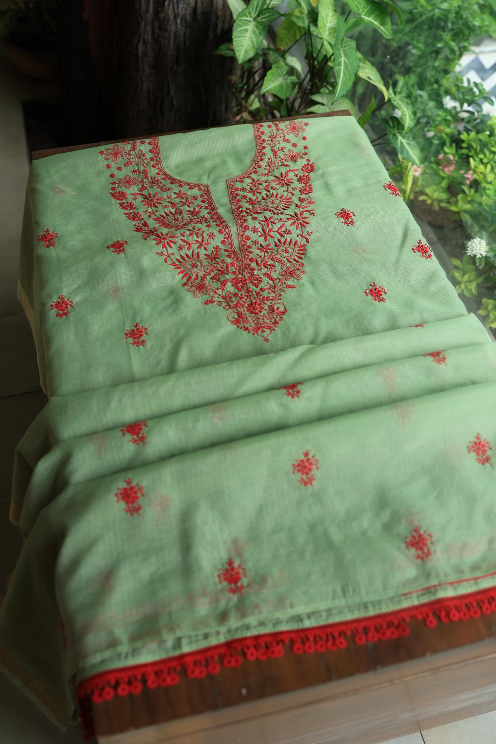 Green & Red Kota Chikankari Unstitched Fabric