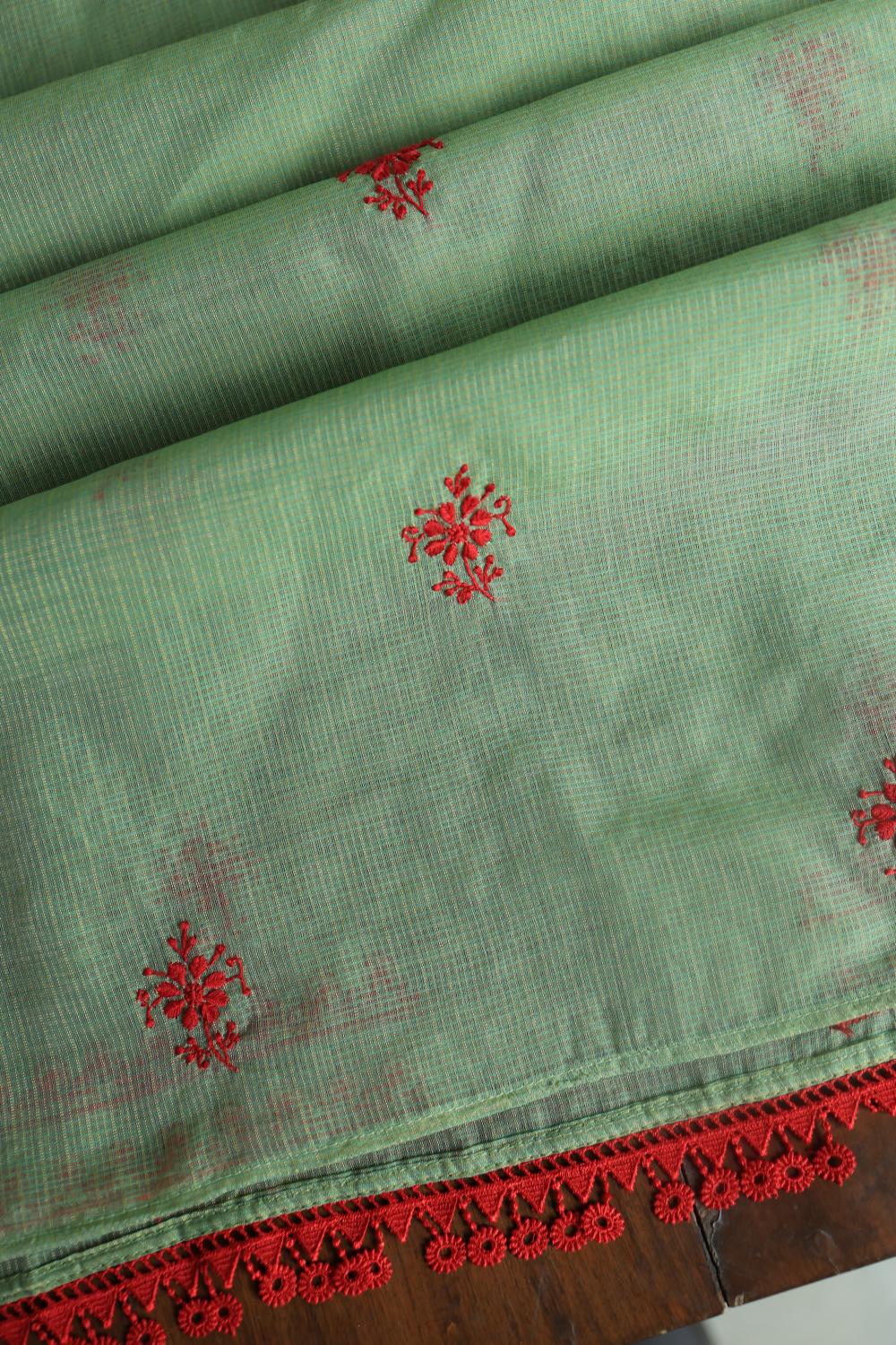 Green & Red Kota Chikankari Unstitched Fabric
