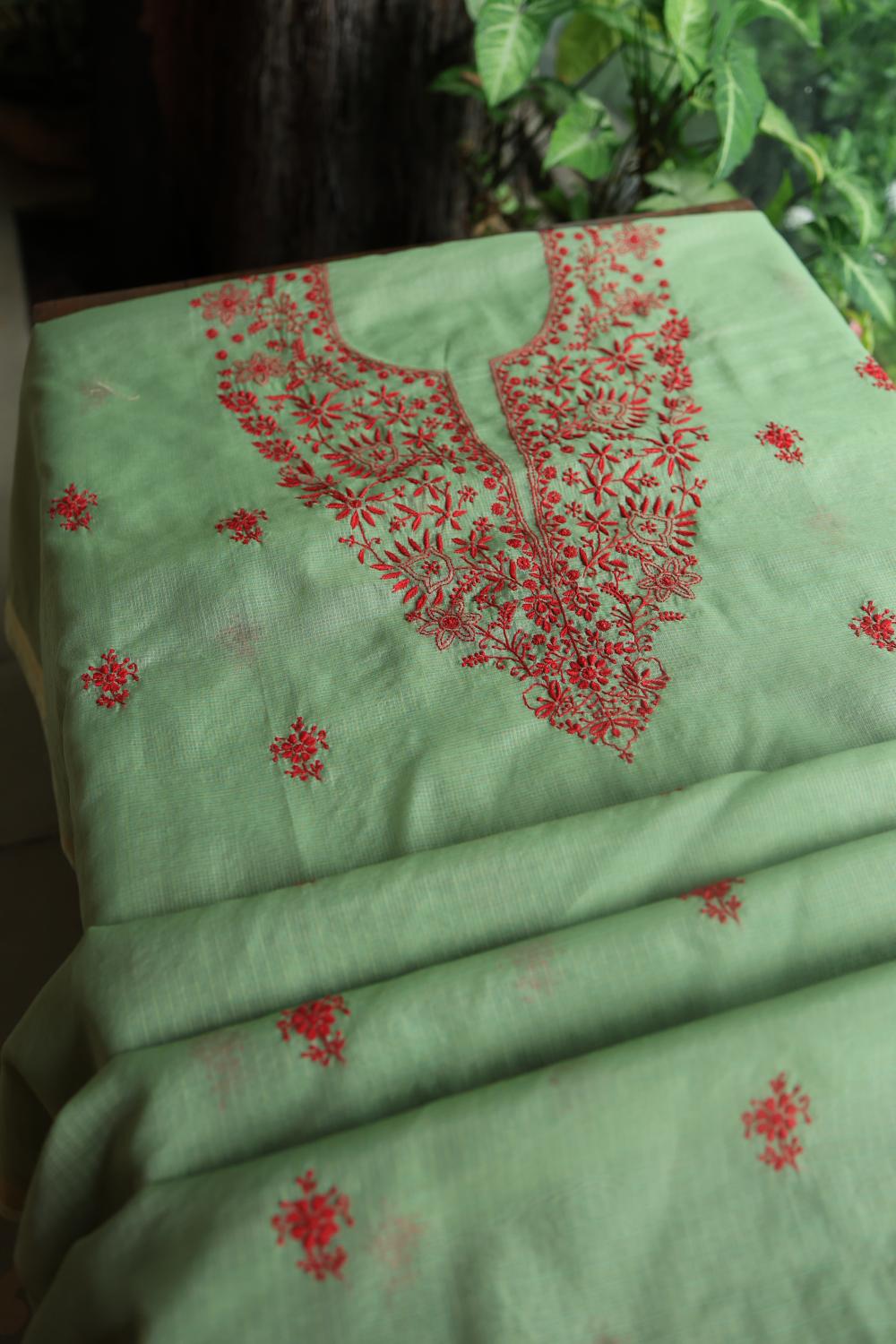 Green & Red Kota Chikankari Unstitched Fabric