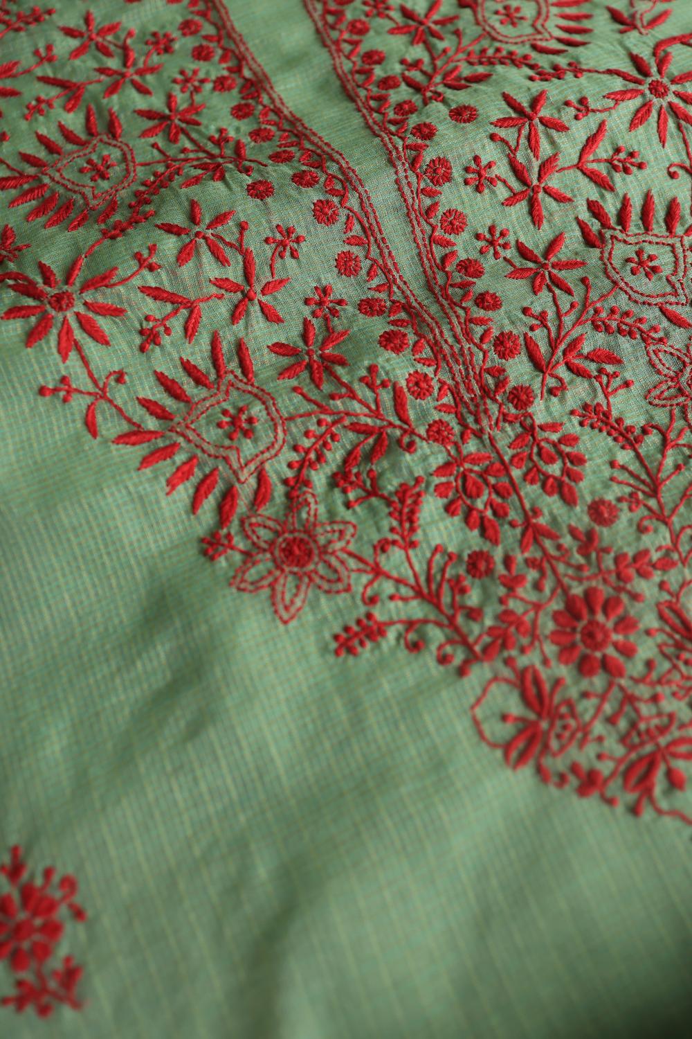 Green & Red Kota Chikankari Unstitched Fabric