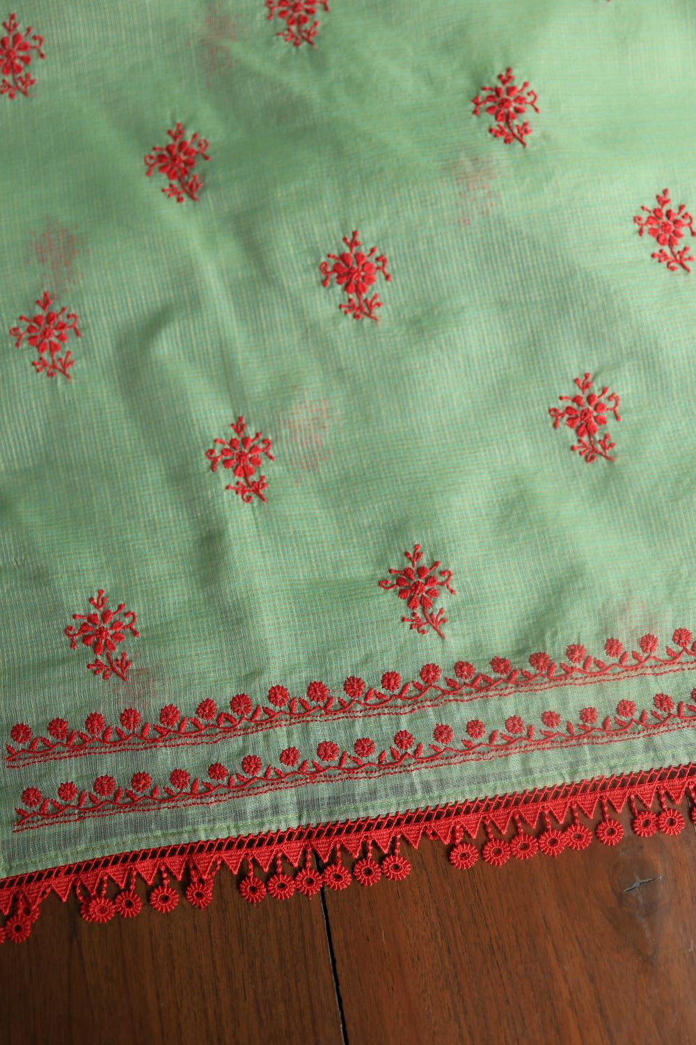 Green & Red Kota Chikankari Unstitched Fabric