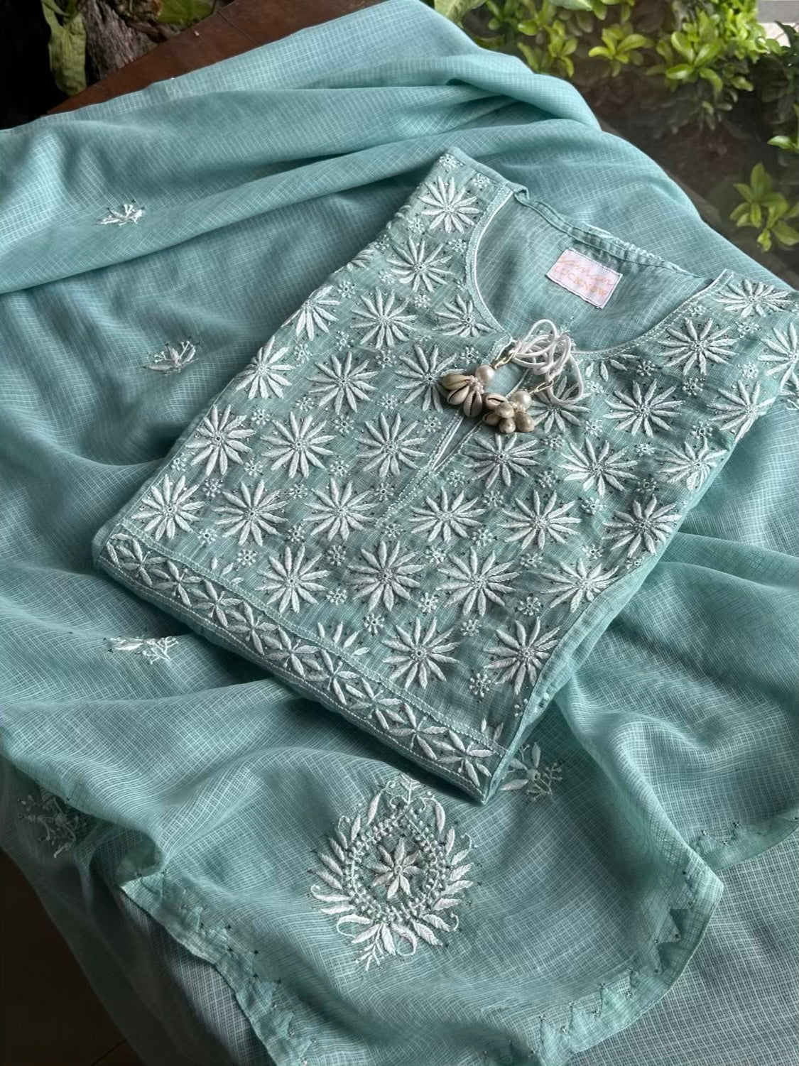 Green Semi Stitched Kota Chikankari Kurta Dupatta Set With All Over Mukaish Kamdani Work
