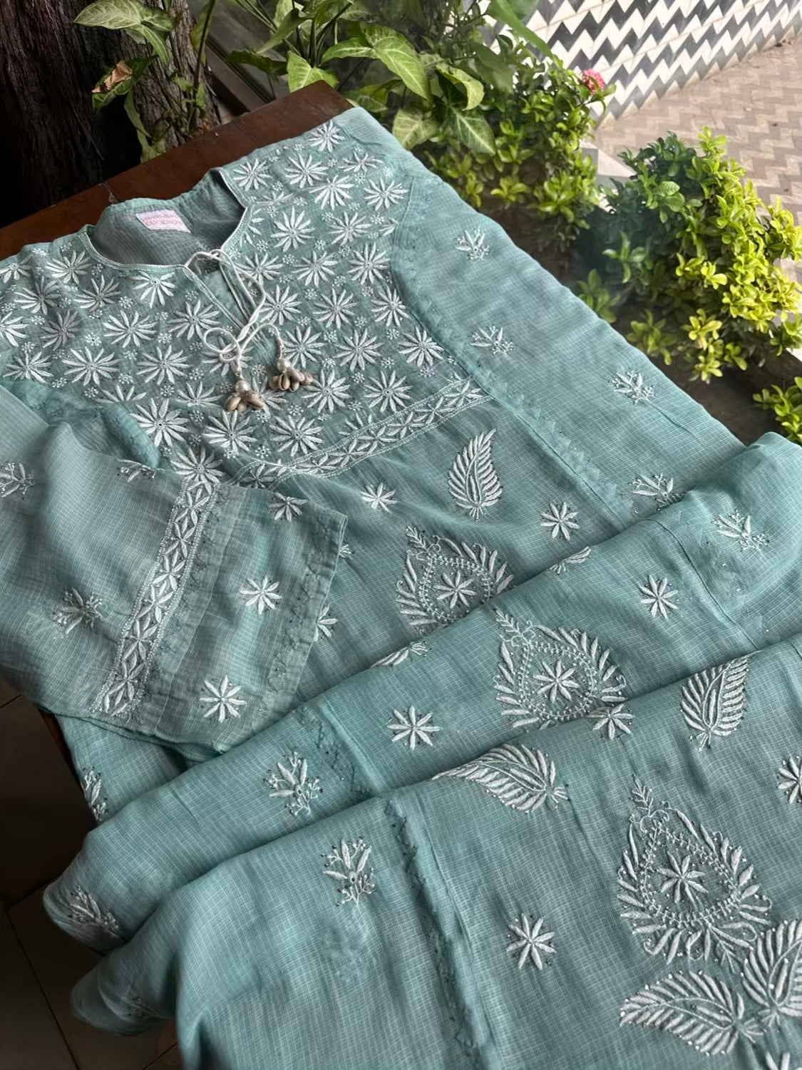 Green Semi Stitched Kota Chikankari Kurta Dupatta Set With All Over Mukaish Kamdani Work