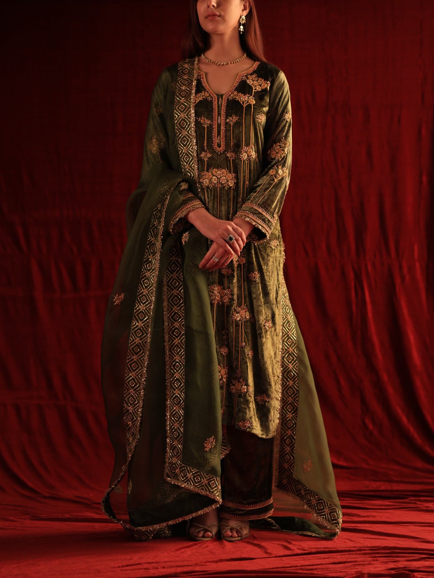 Greenish Brown | Saman Velvet Ready To Wear Kurta Set