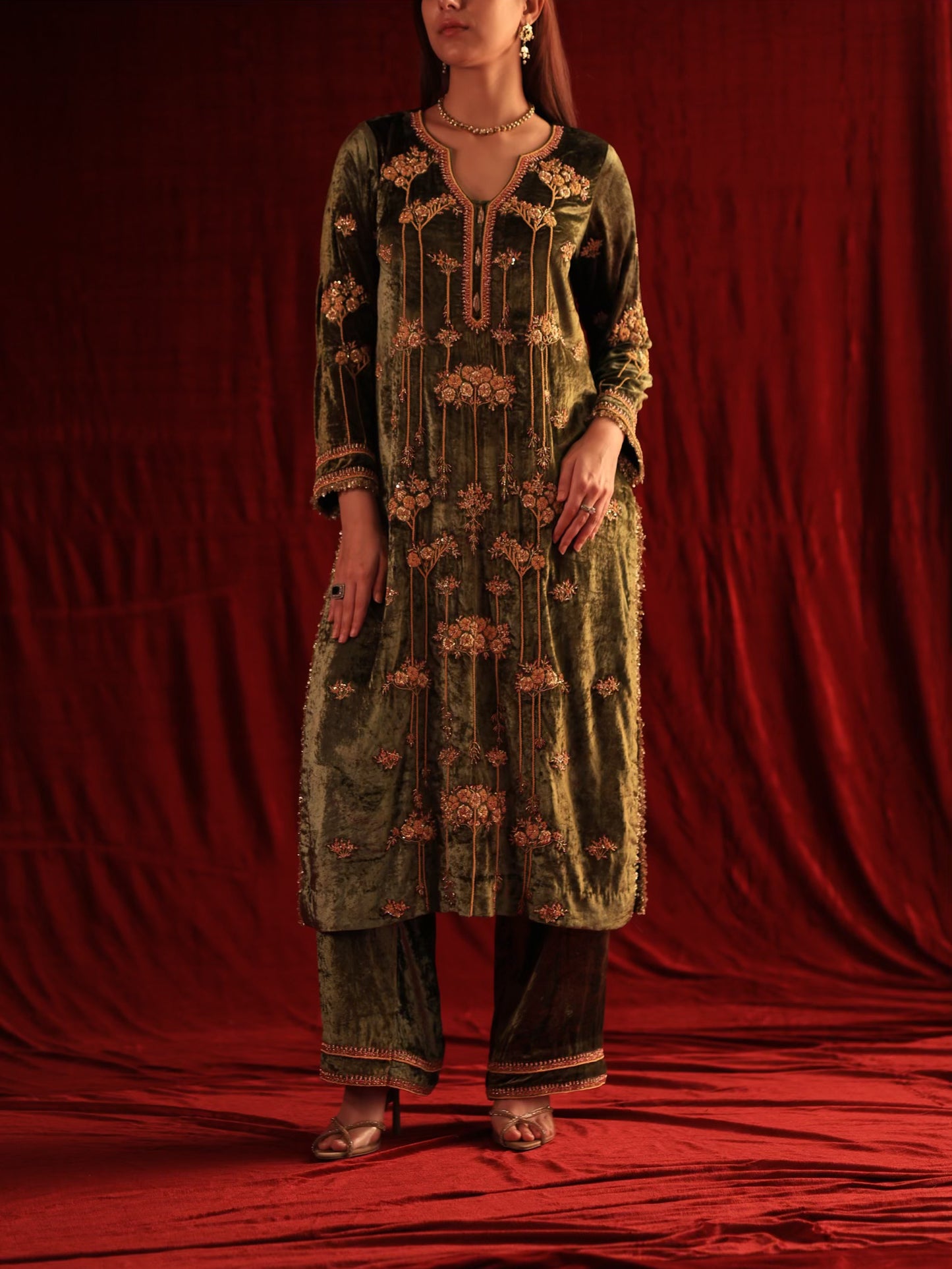 Greenish Brown | Saman Velvet Ready To Wear Kurta Set