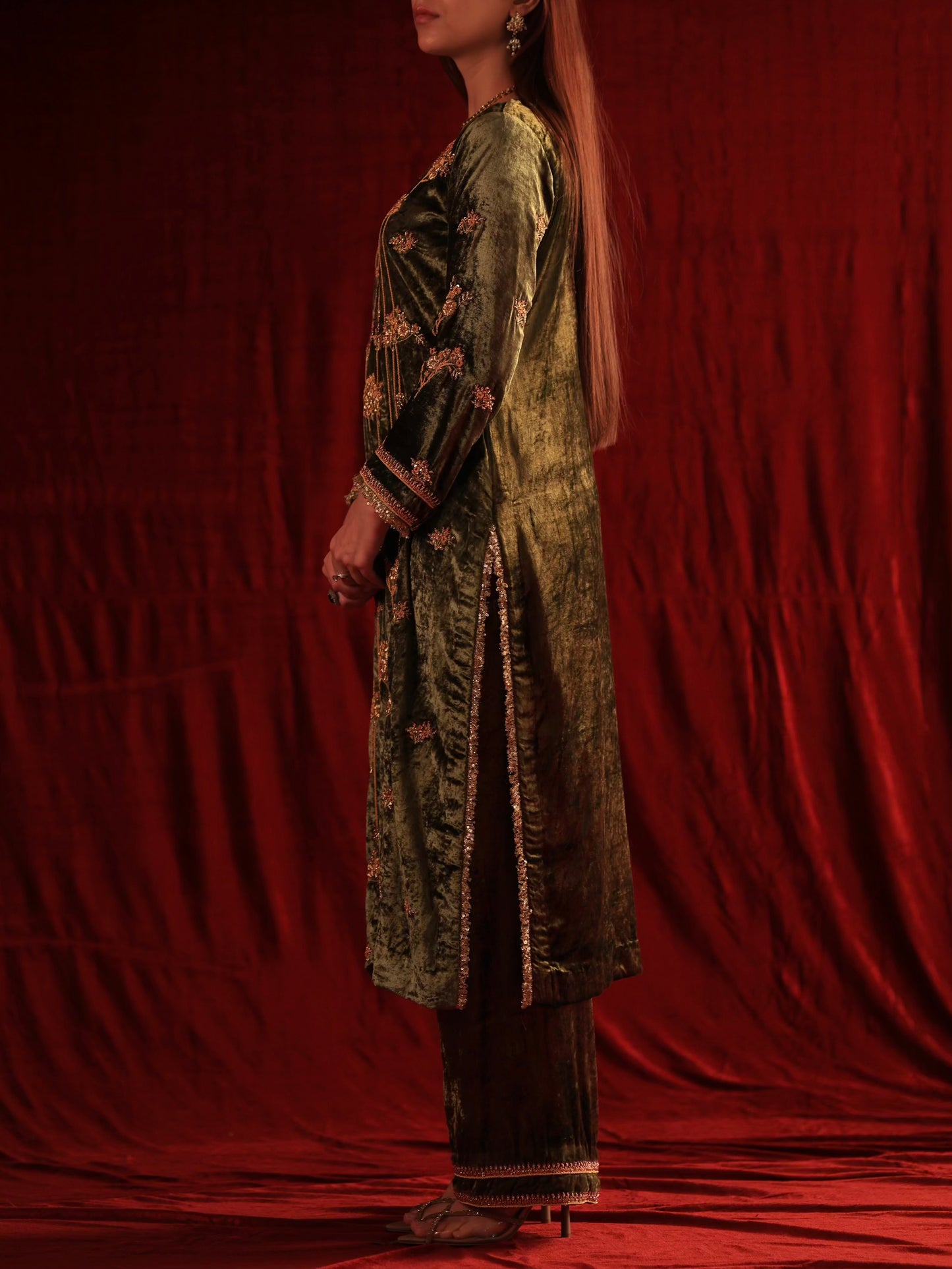 Greenish Brown | Saman Velvet Ready To Wear Kurta Set
